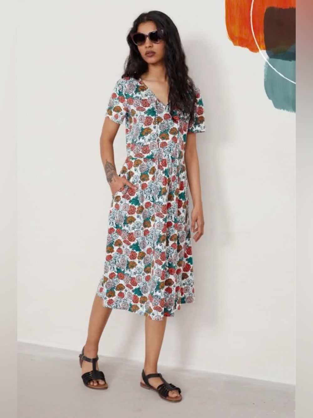 Seasalt Cornwall Aileen Organic Cotton Floral Midi Dress Ranunculus Chalk US 6